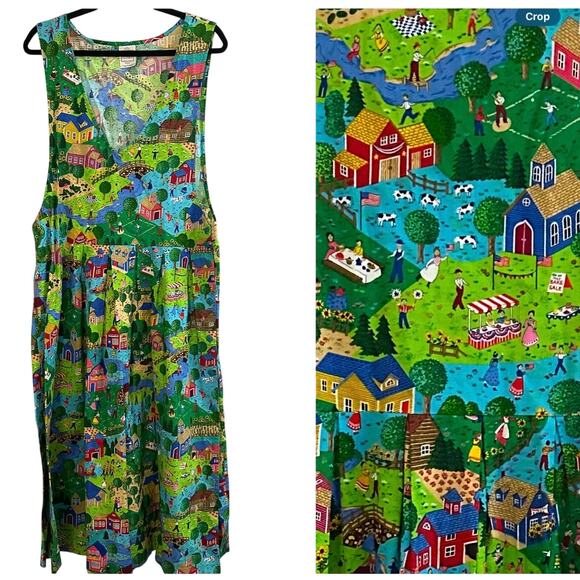 PAM’S CLOSET Vintage Maxi Dress Green Village Play Pattern Sleeveless V-Neck L - Picture 1 of 7